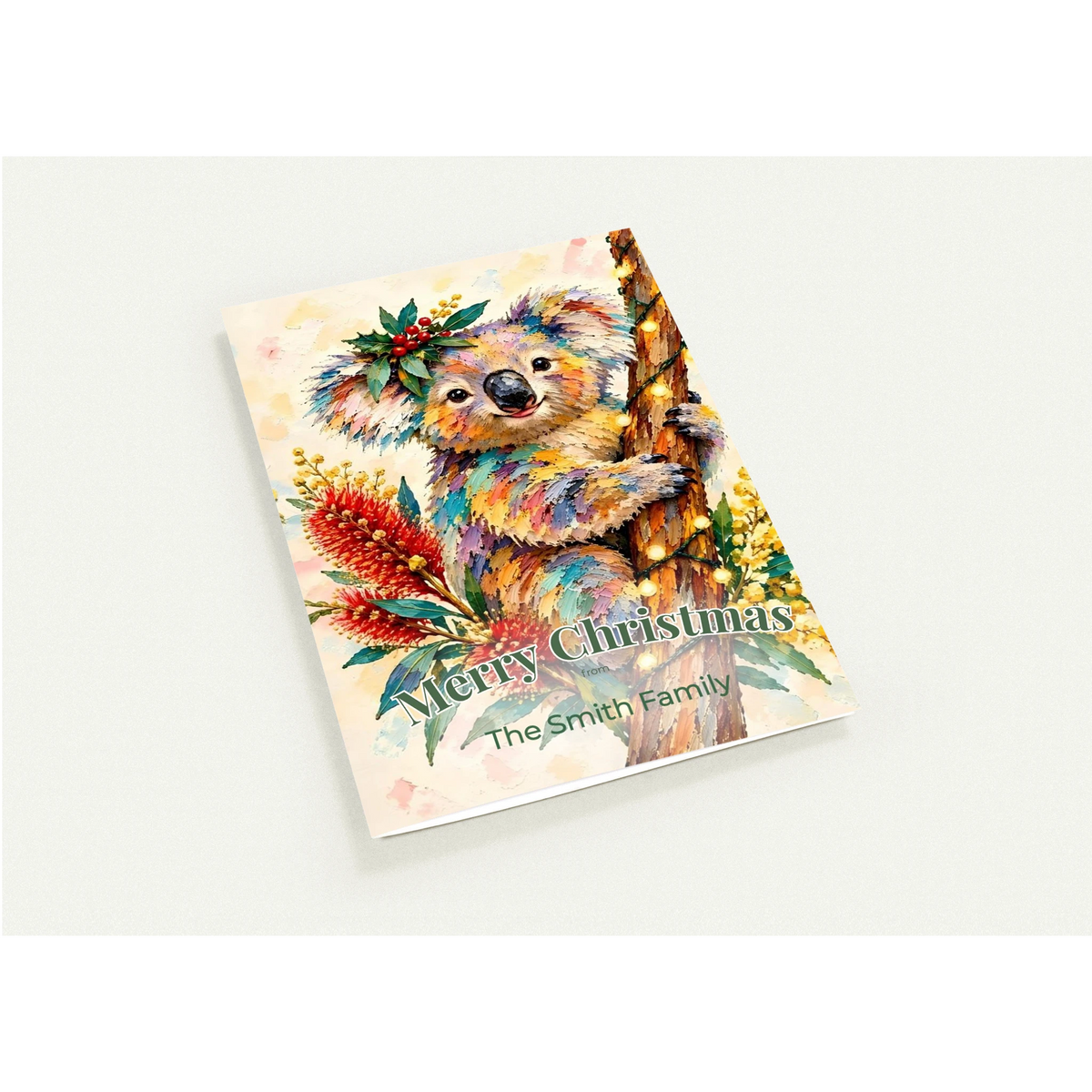 Personalised Christmas Cards Pack of 10 with Envelopes, Custom Family Name Koala Christmas Card, Australian Animals Xmas Card Set