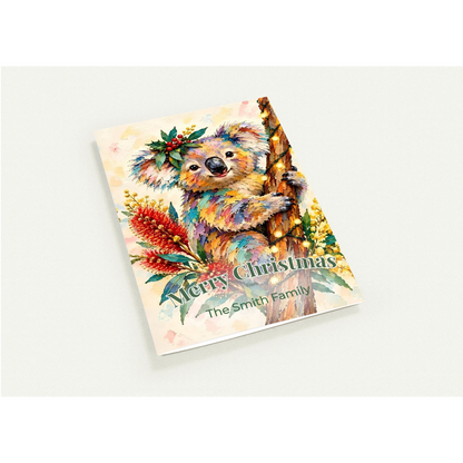 Personalised Christmas Cards Pack of 10 with Envelopes, Custom Family Name Koala Christmas Card, Australian Animals Xmas Card Set