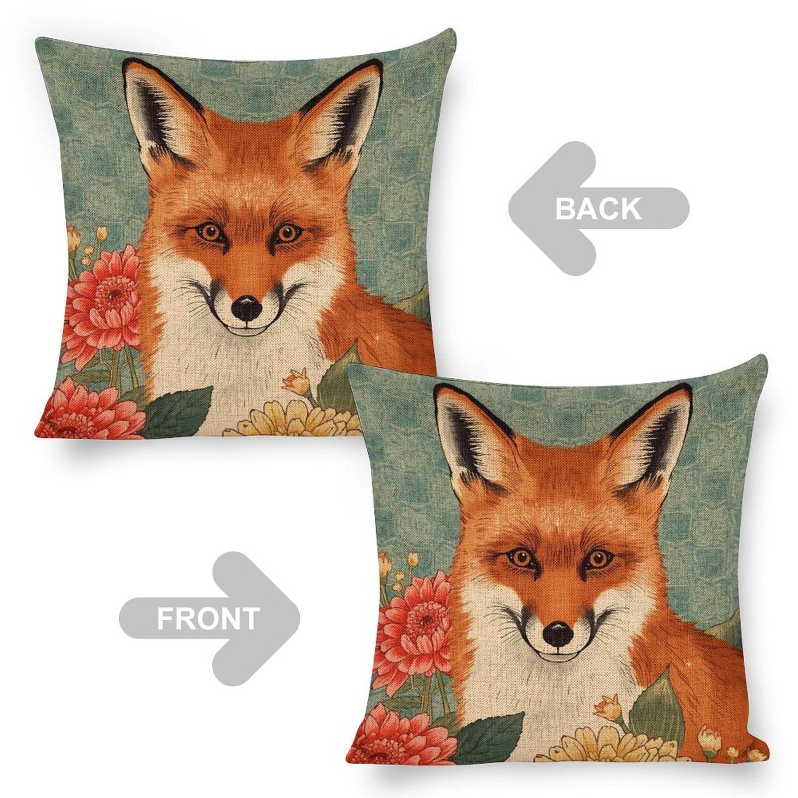 Floral Fox Linen Cushion Pillow Cover — Double-Sided Print, 45×45cm