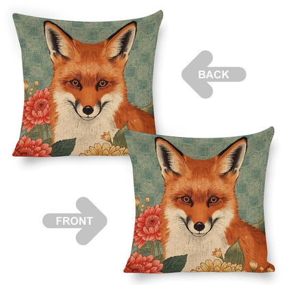 Floral Fox Linen Cushion Pillow Cover — Double-Sided Print, 45×45cm