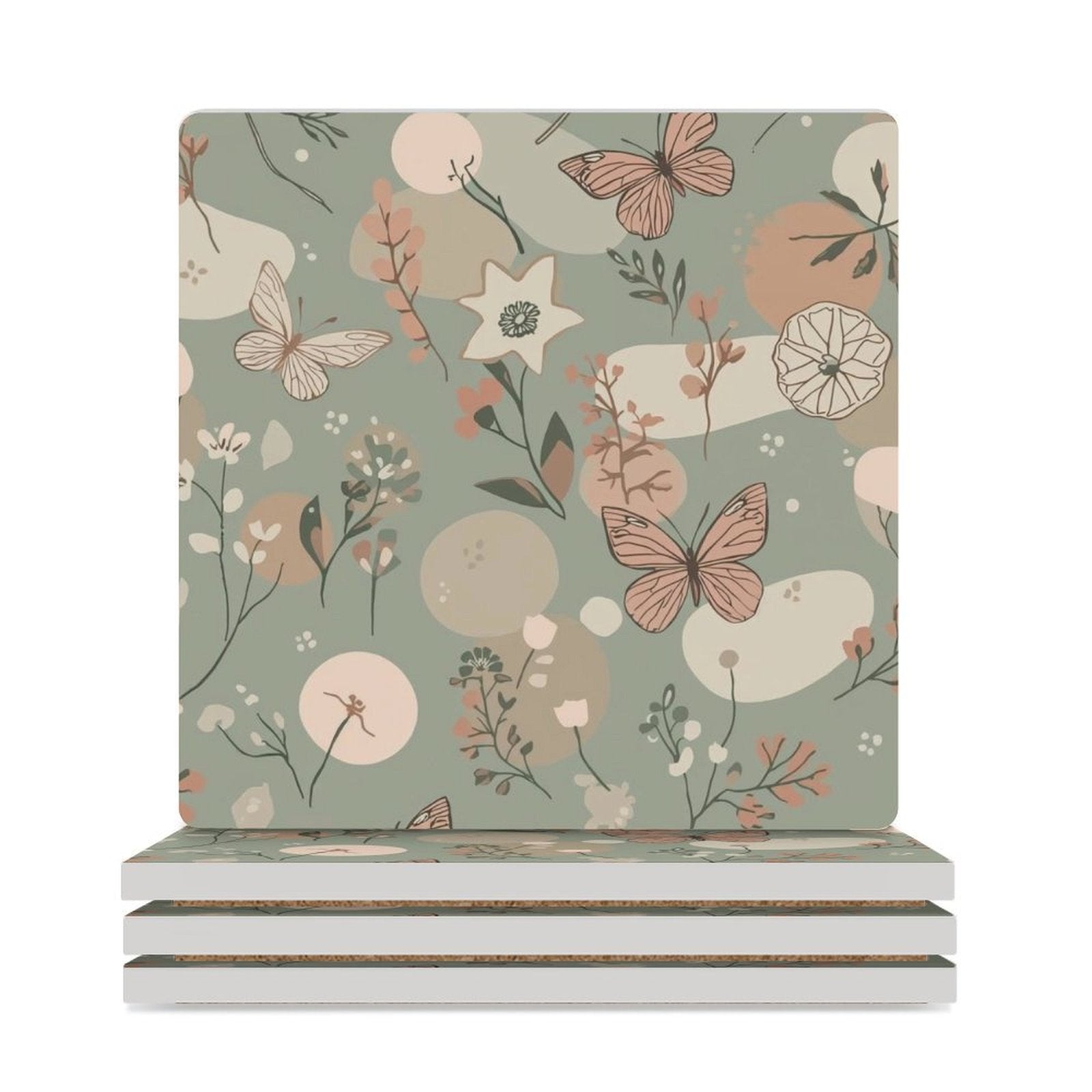 Botanical Flutter Butterfly & Floral Ceramic Coasters (Set of 4 or 6) white