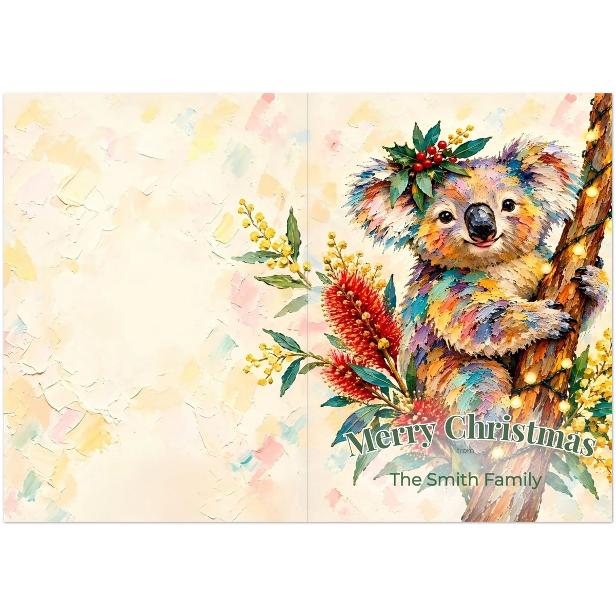 Personalised Christmas Cards Pack of 10 with Envelopes, Custom Family Name Koala Christmas Card, Australian Animals Xmas Card Set