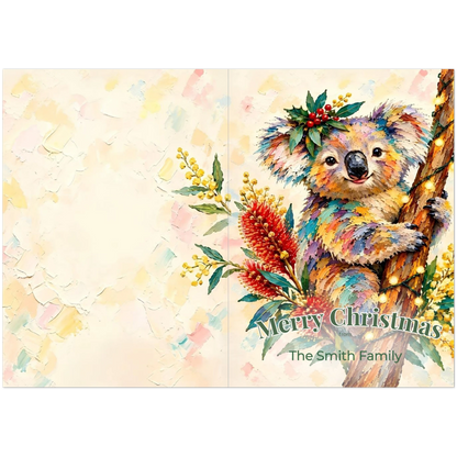 Personalised Christmas Cards Pack of 10 with Envelopes, Custom Family Name Koala Christmas Card, Australian Animals Xmas Card Set