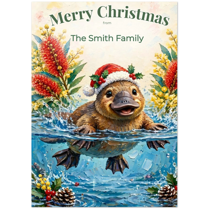 Personalised Christmas Cards Pack of 10 with Envelopes, Custom Family Name Platypus Christmas Card, Australian Animals Xmas Card Set