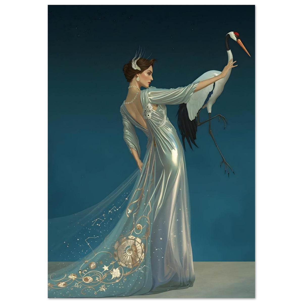 Celestial Elegance Crane & Stargazer Fine Art Poster – A Vision of Myth & Beauty A2 (42 x 59.4 cm)