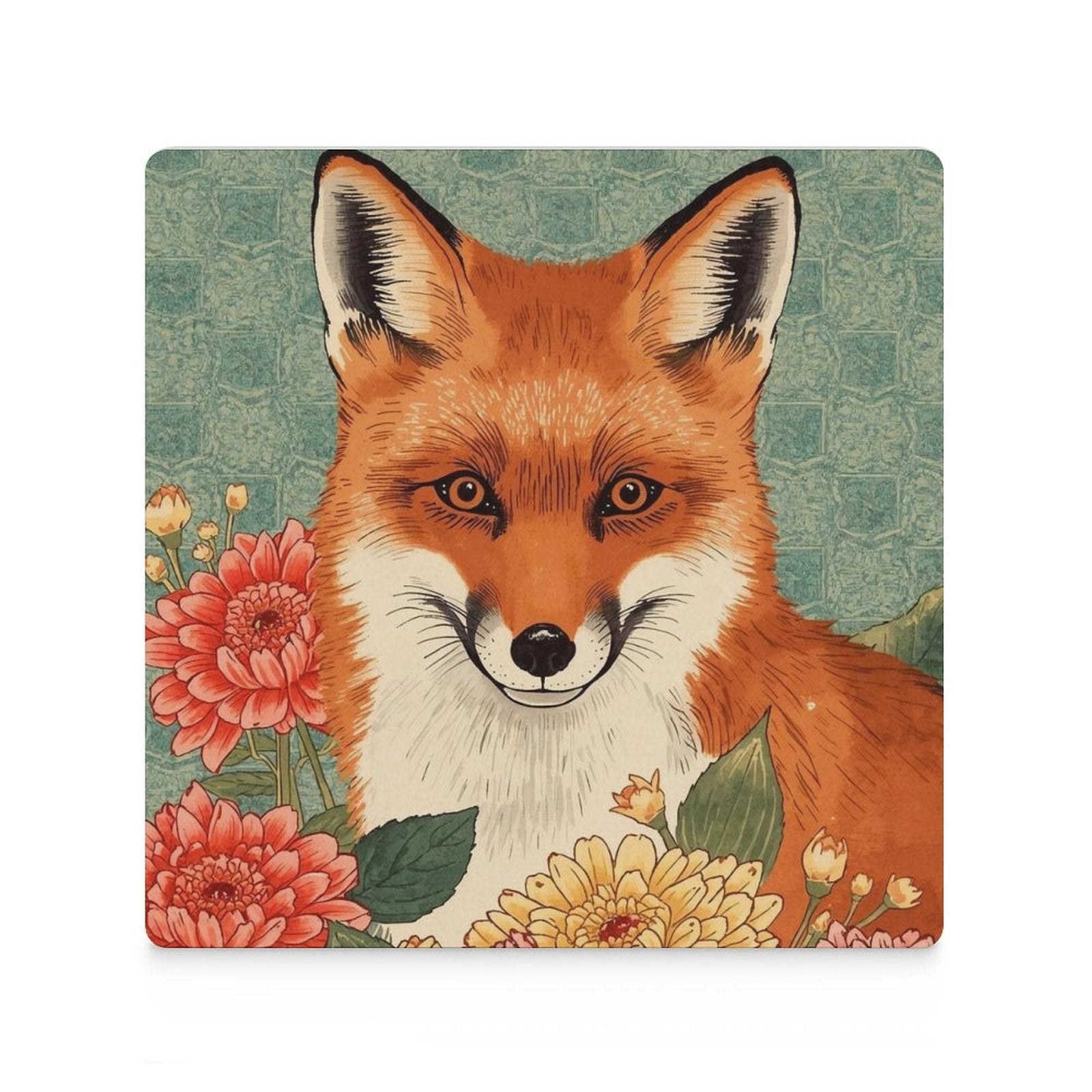 Floral Fox Japanese Ukiyo-e Inspired Ceramic Coasters (Set of 4 or 6)