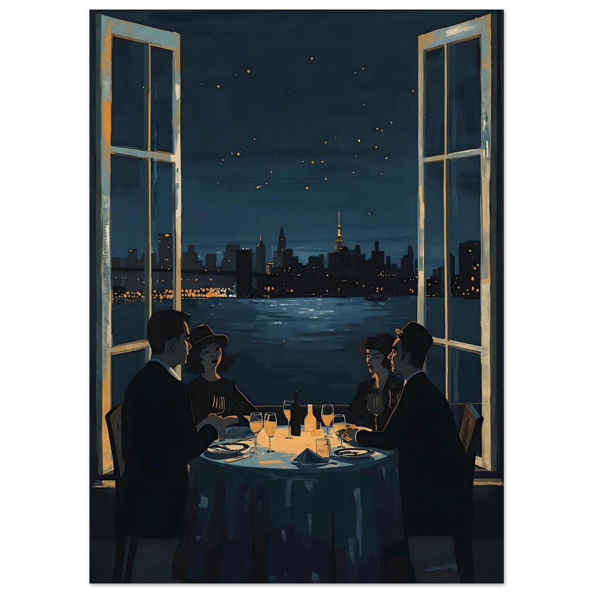 Midnight Rendezvous Fine Art Poster - Evocative Cityscape Dining Art Print 13x18 cm 5x7″