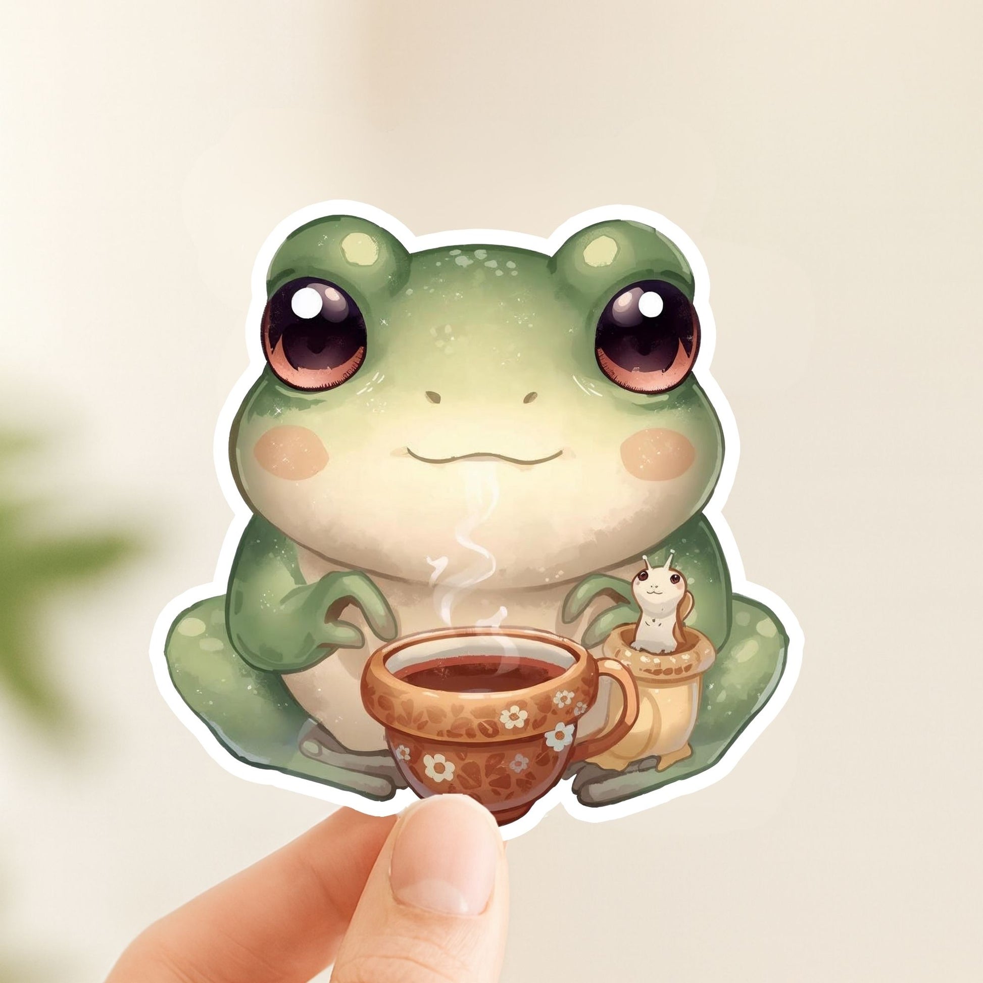 Frog and Slug Tea Time | Cottagecore | White Vinyl | Die-Cut Sticker