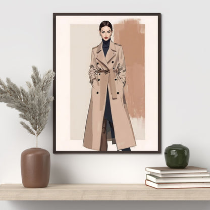 Beige Trench Coat | Elegant Minimalist Fashion Illustration | Digital Wall Artwork