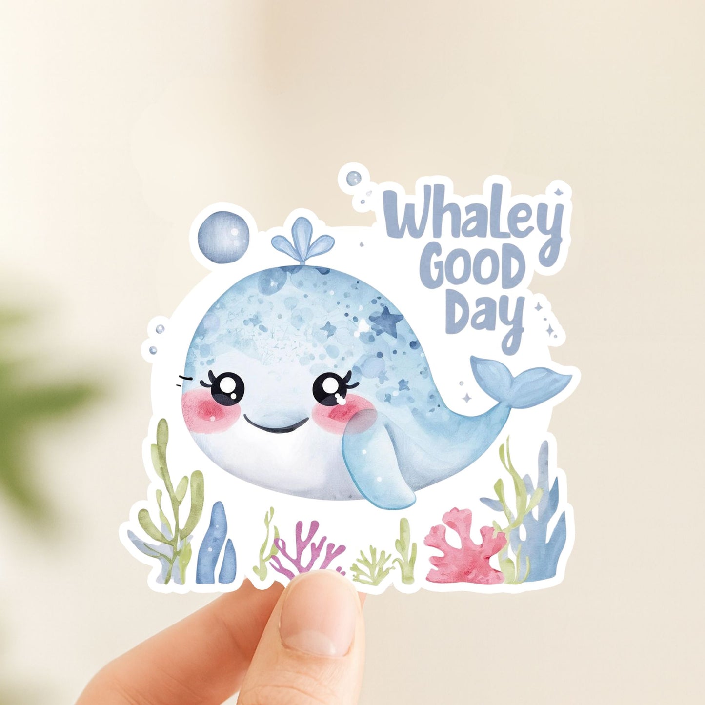 Whaley Good Day Cute Whale | Ocean Life | White Vinyl | Die-Cut Sticker