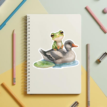 Frog Riding Duck Pond Friends | Cottagecore | White Vinyl | Die-Cut Sticker