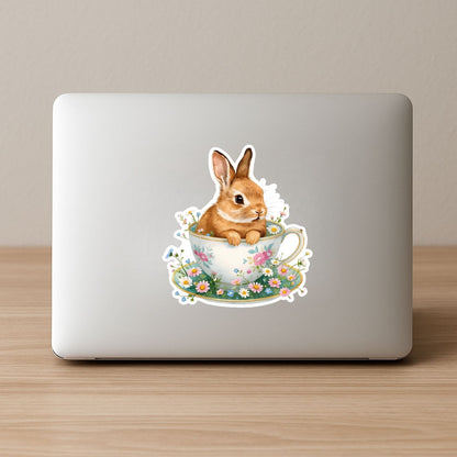 Bunny in Teacup Floral Spring | Cottagecore | White Vinyl | Die-Cut Sticker