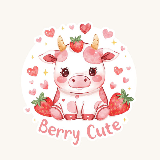 Berry Cute Strawberry Cow | Kawaii Food | White Vinyl | Die-Cut Sticker