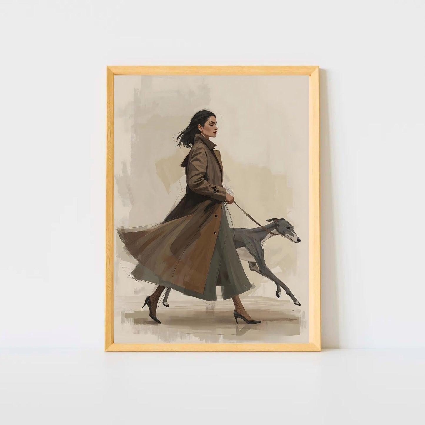 Chic City Stroll Illustration | Woman in Trench Coat with Greyhound | Digital Wall Artwork