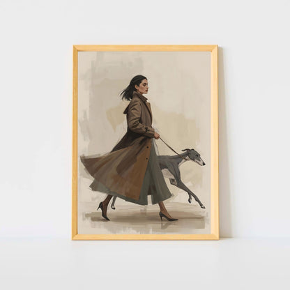 Chic City Stroll Illustration | Woman in Trench Coat with Greyhound | Digital Wall Artwork