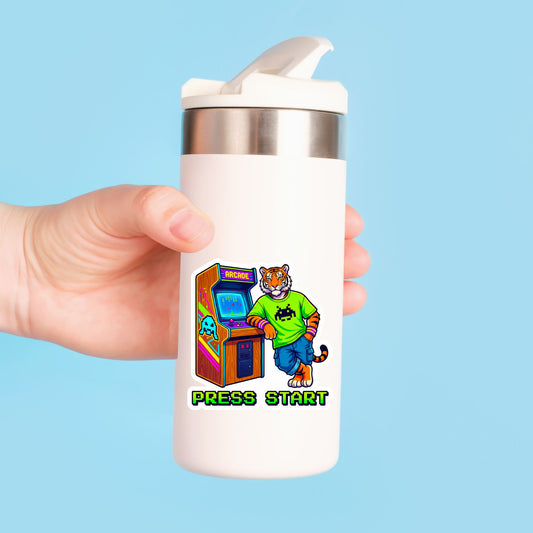 Press Start Arcade Tiger | 90s Gamer | White Vinyl | Die-Cut Sticker