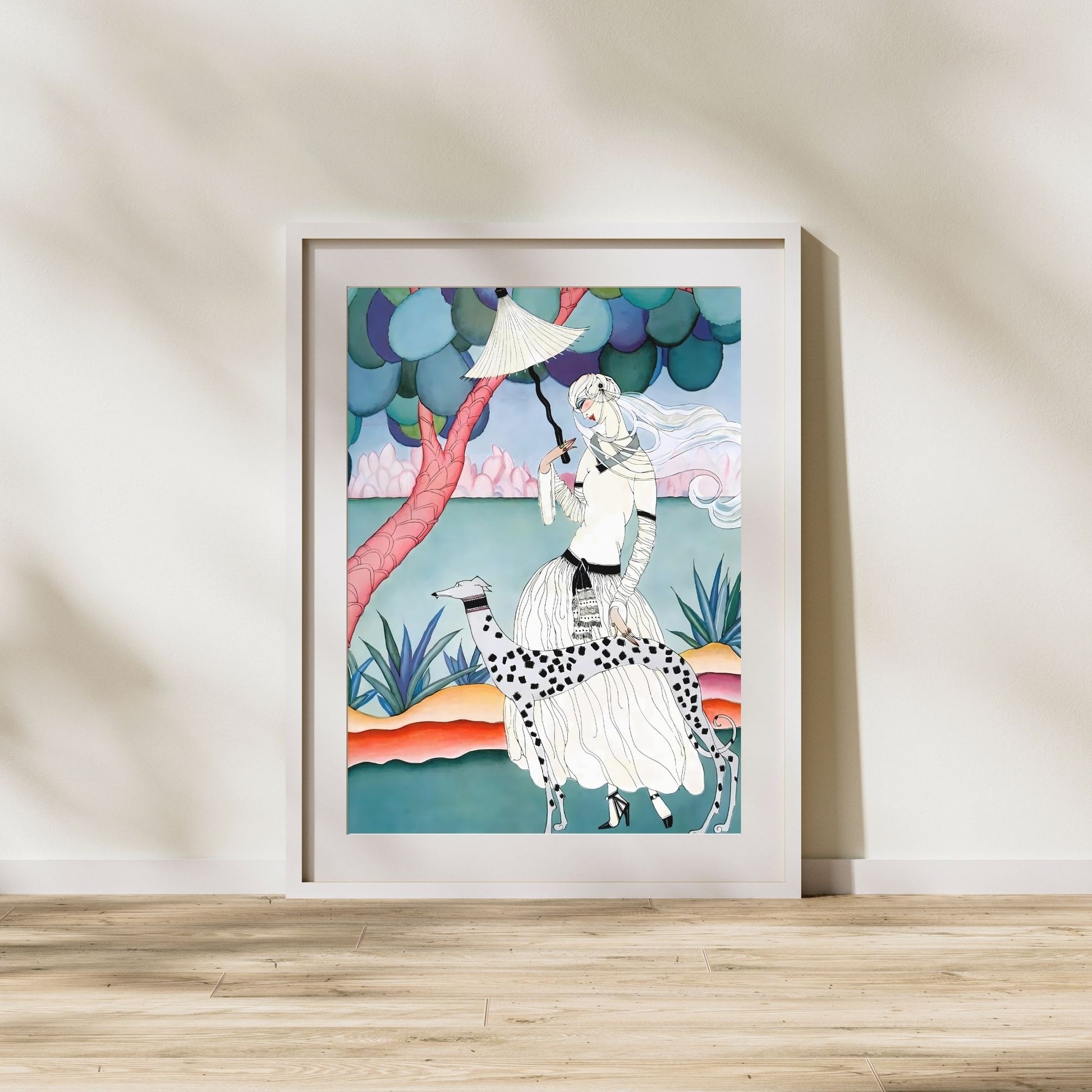Art Nouveau Lady & Spotted Hound Print | Whimsical Pastel Illustration | Elegant Vintage-Inspired | Digital Wall Artwork