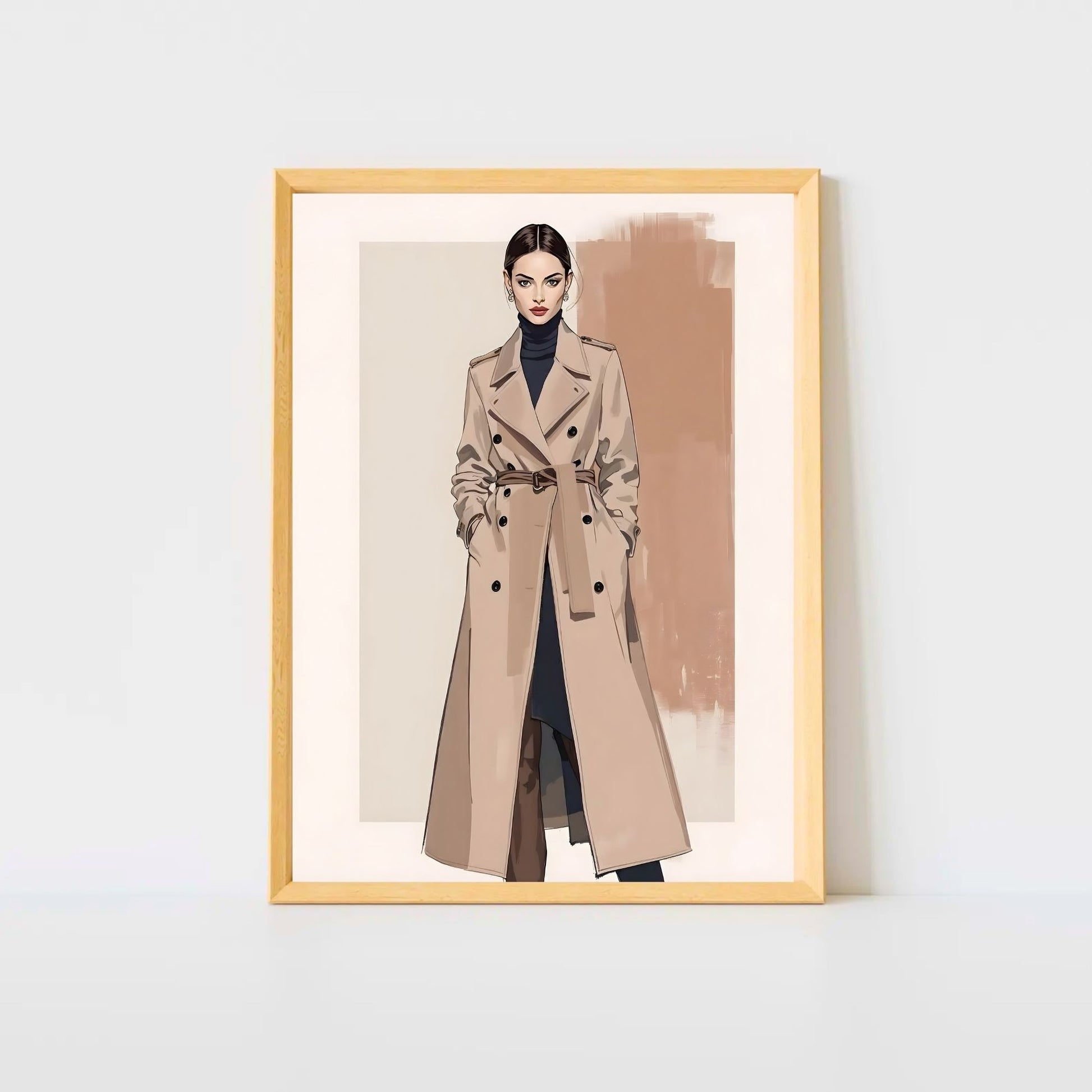 Beige Trench Coat | Elegant Minimalist Fashion Illustration | Digital Wall Artwork