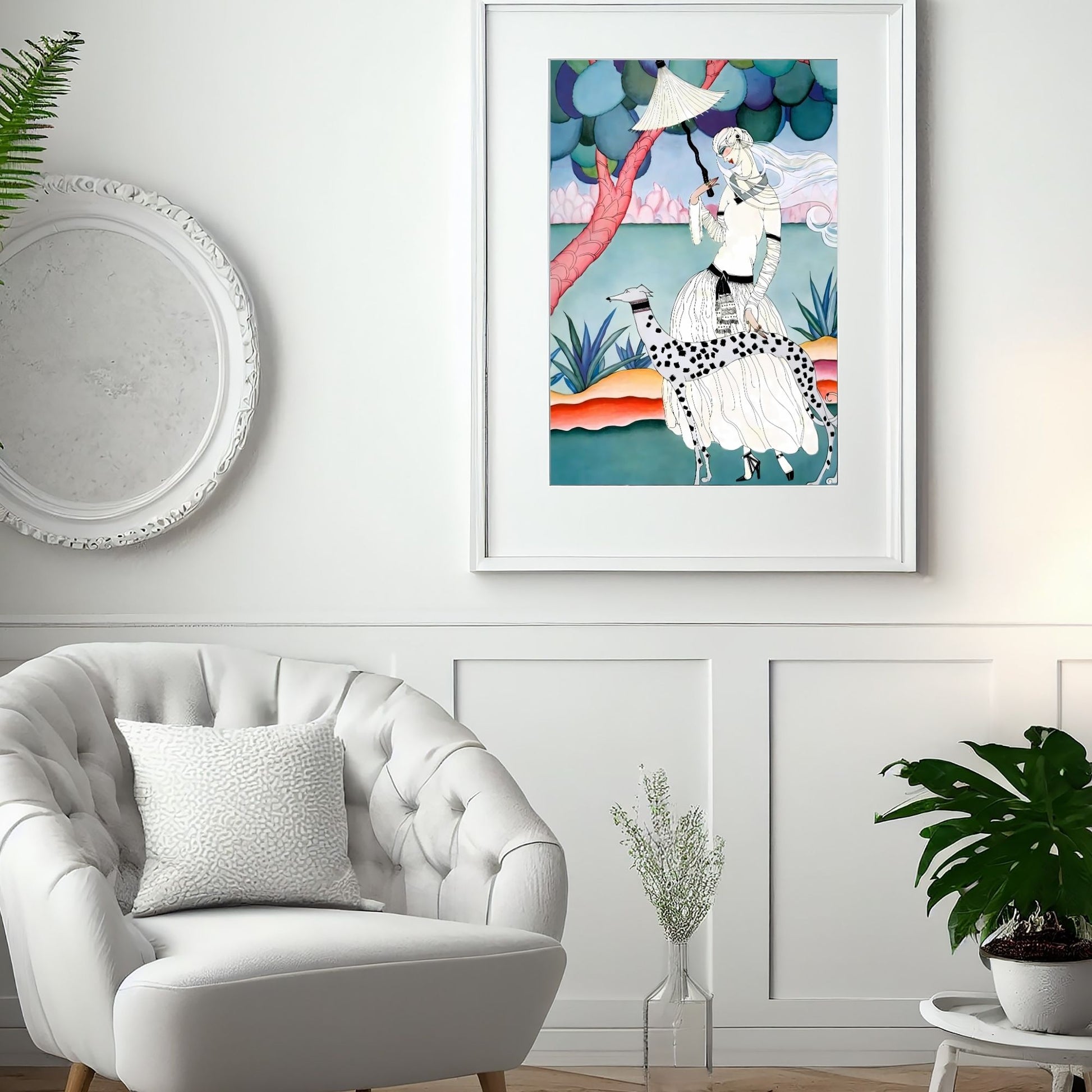 Art Nouveau Lady & Spotted Hound Print | Whimsical Pastel Illustration | Elegant Vintage-Inspired | Digital Wall Artwork