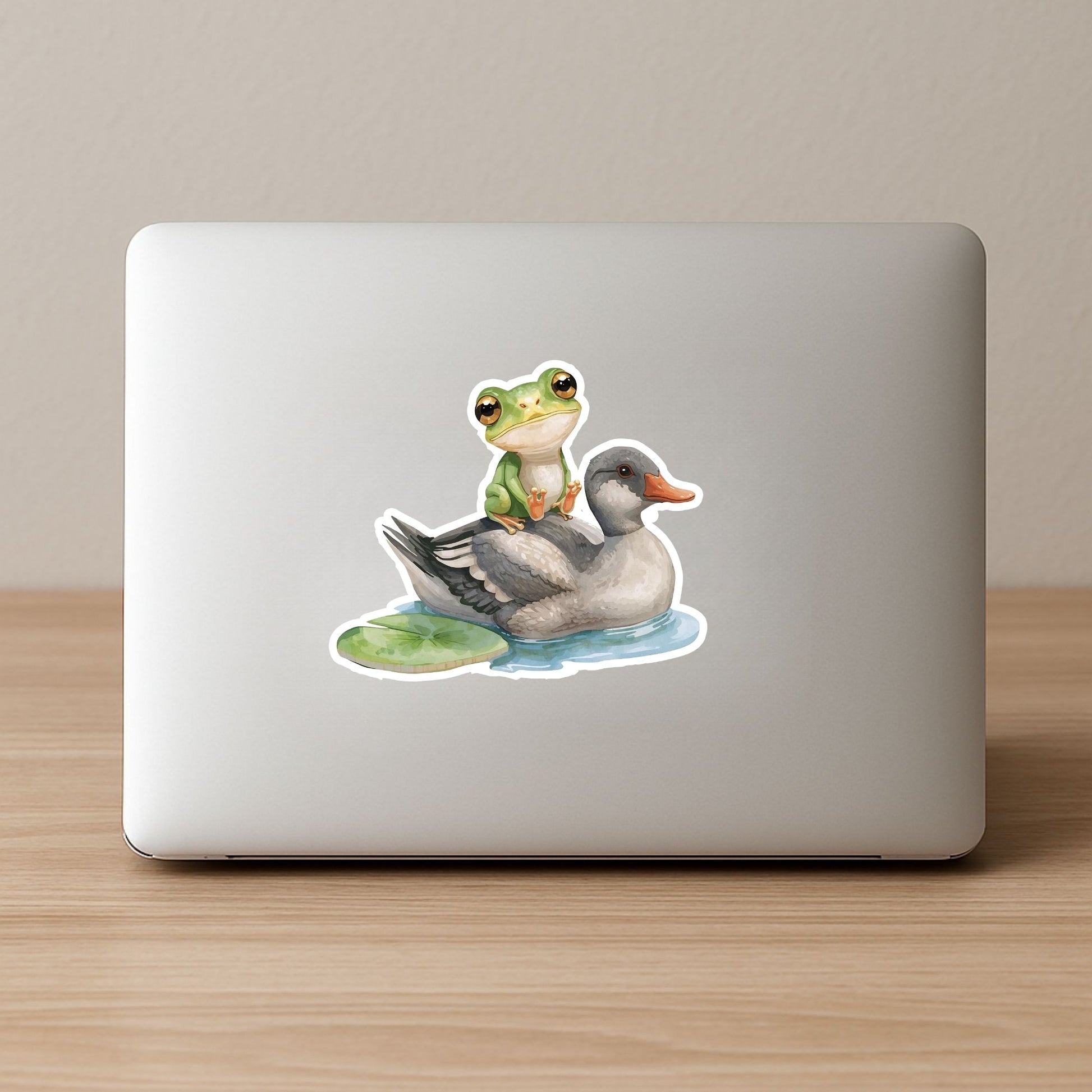Frog Riding Duck Pond Friends | Cottagecore | White Vinyl | Die-Cut Sticker