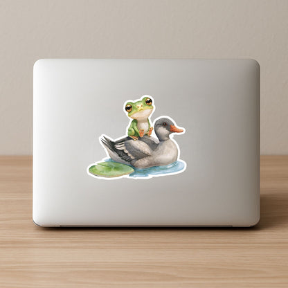 Frog Riding Duck Pond Friends | Cottagecore | White Vinyl | Die-Cut Sticker