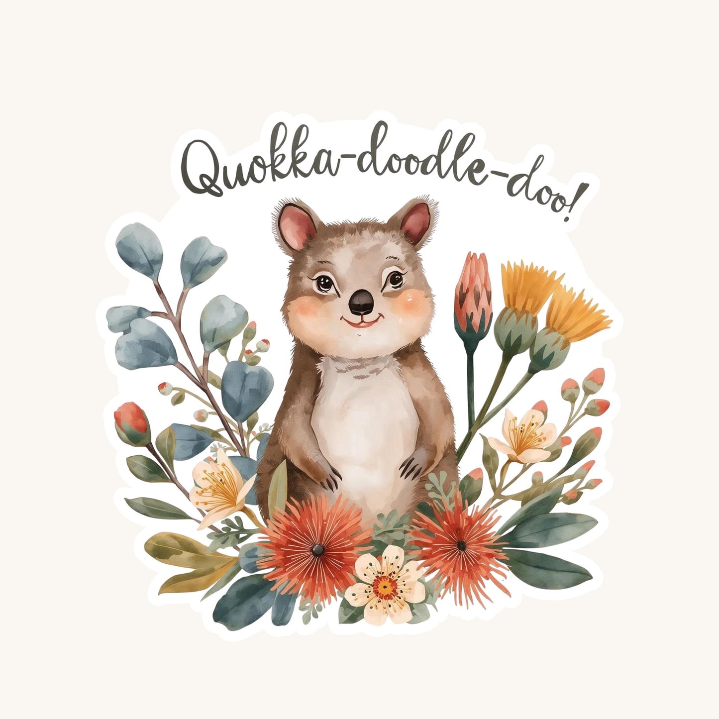 Quokka-Doodle-Doo Happy Quokka | Aussie Animal | White Vinyl | Die-Cut Sticker