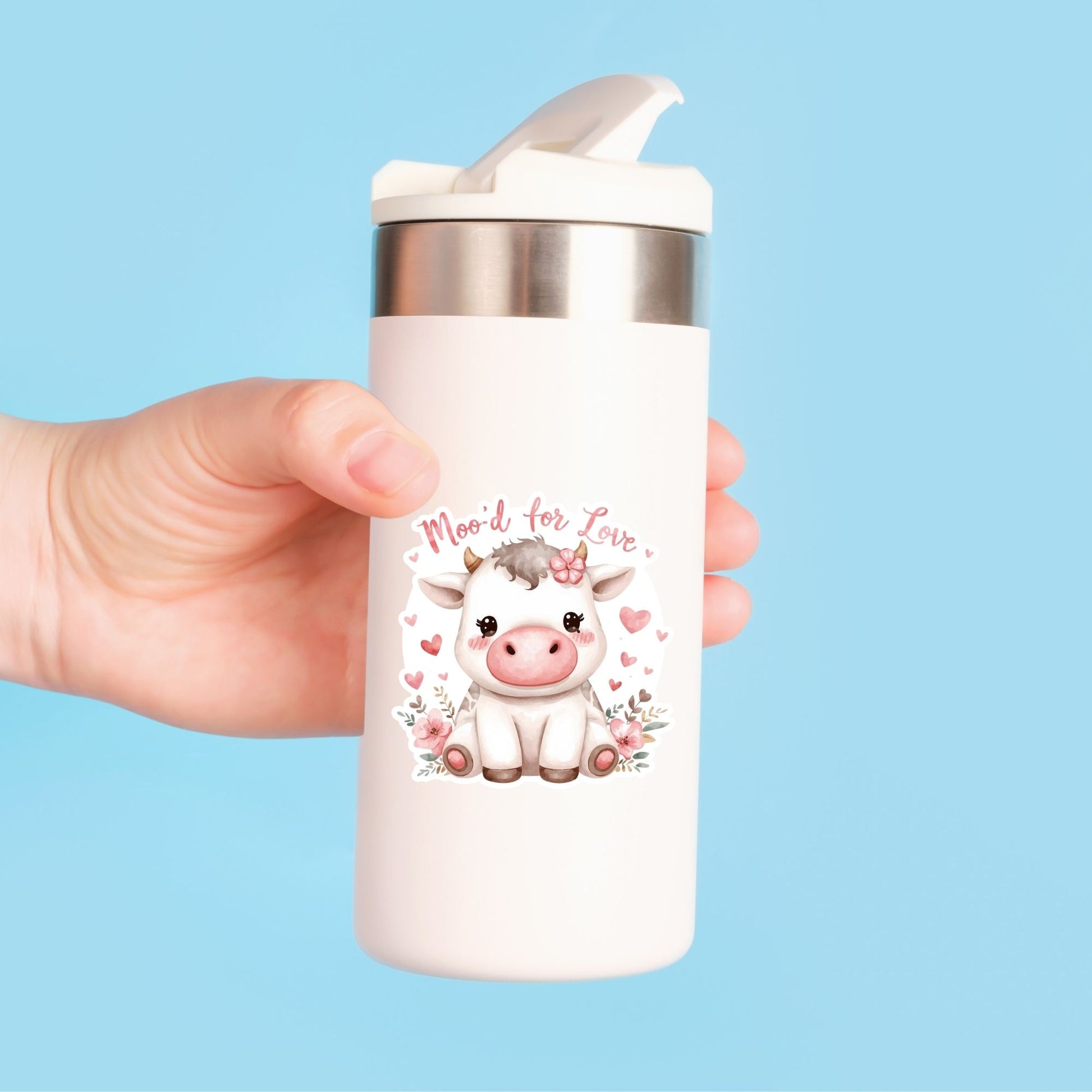 Moo'd for Love Valentine Cow | Kawaii Animal | White Vinyl | Die-Cut Sticker