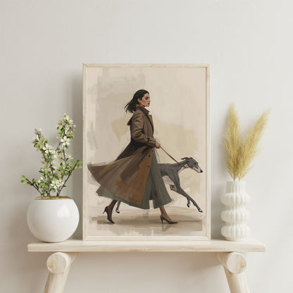 Chic City Stroll Illustration | Woman in Trench Coat with Greyhound | Digital Wall Artwork