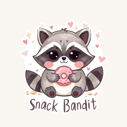 Snack Bandit Raccoon Donut | Funny Animal | White Vinyl | Die-Cut Sticker