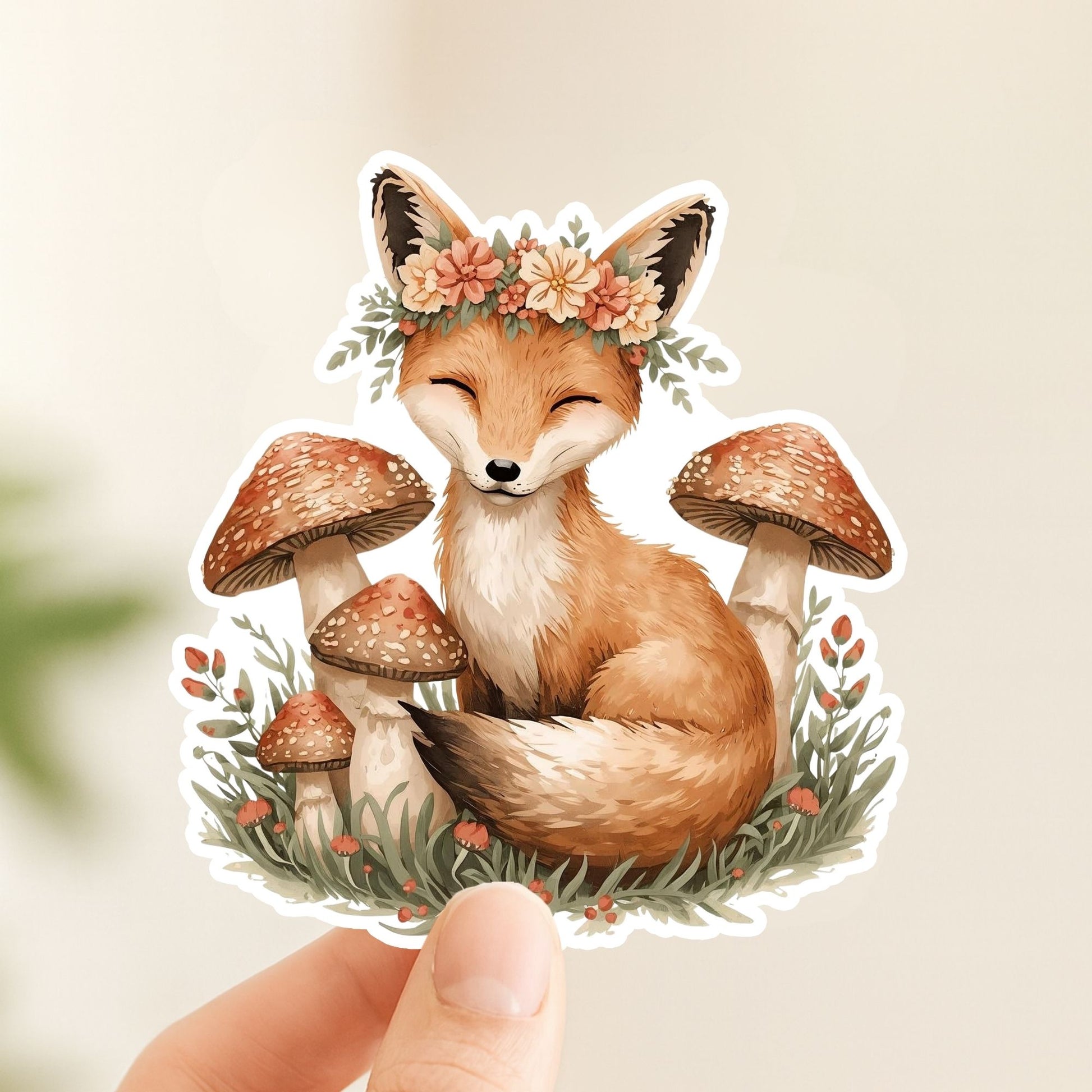 Fox with Flower Crown Woodland | Cottagecore | White Vinyl | Die-Cut Sticker