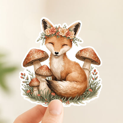 Fox with Flower Crown Woodland | Cottagecore | White Vinyl | Die-Cut Sticker