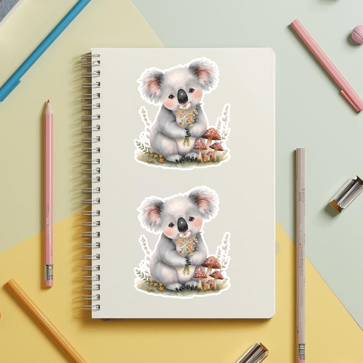 Koala with Flowers Floral Bouquet | Cottagecore | White Vinyl | Die-Cut Sticker
