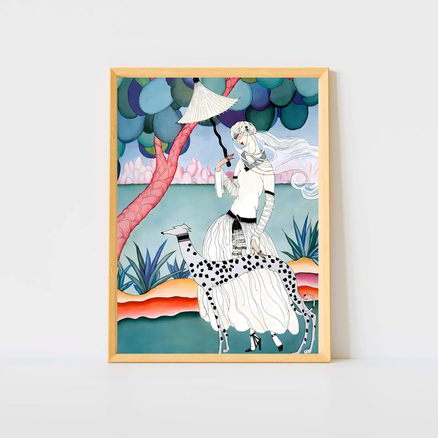 Art Nouveau Lady & Spotted Hound Print | Whimsical Pastel Illustration | Elegant Vintage-Inspired | Digital Wall Artwork