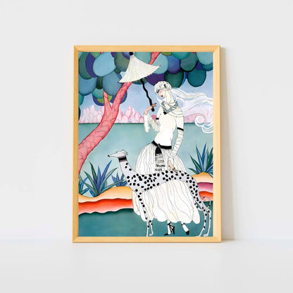 Art Nouveau Lady & Spotted Hound Print | Whimsical Pastel Illustration | Elegant Vintage-Inspired | Digital Wall Artwork