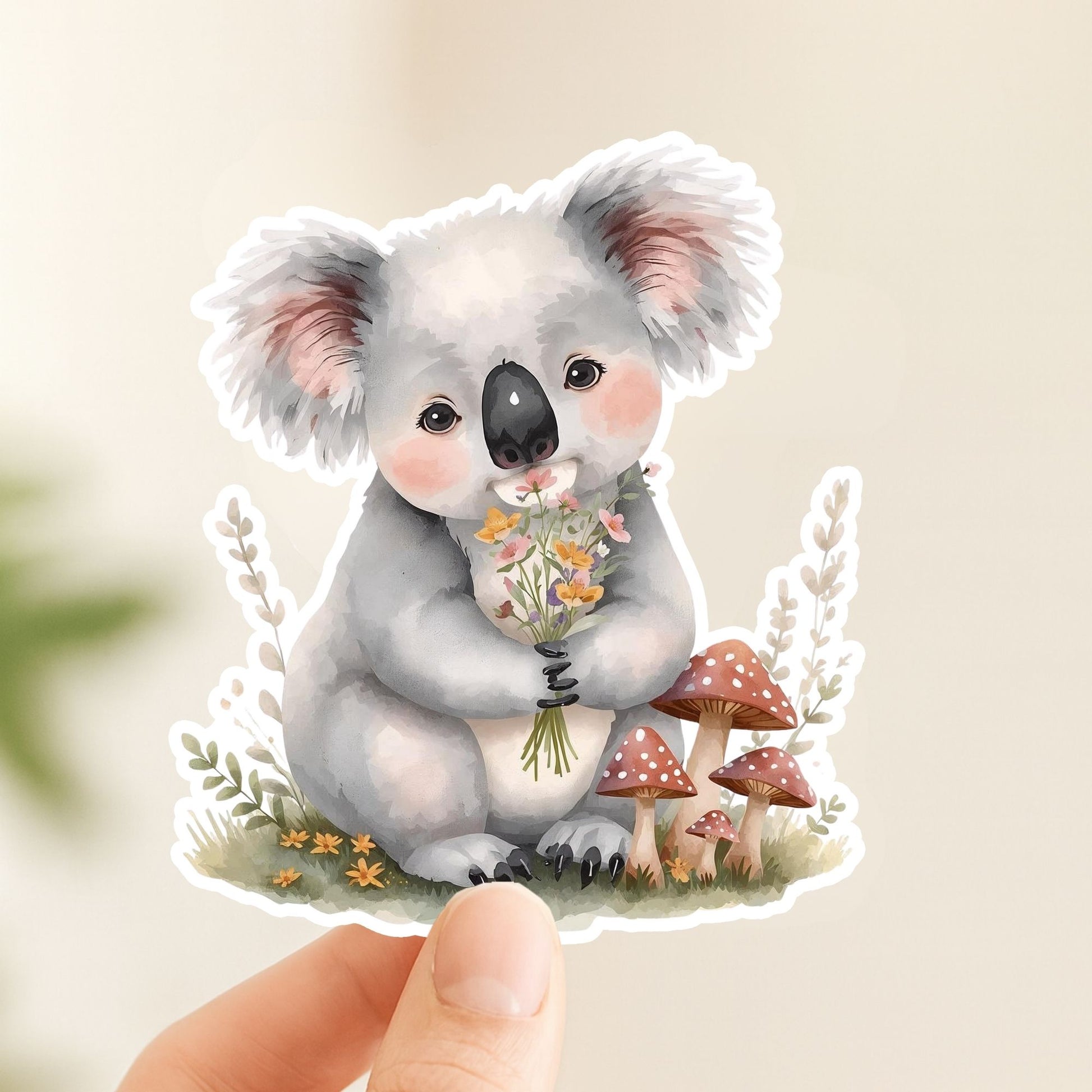 Koala with Flowers Floral Bouquet | Cottagecore | White Vinyl | Die-Cut Sticker