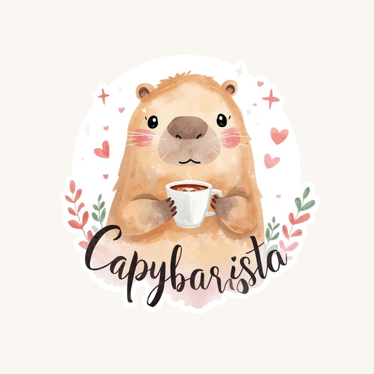 Capybarista Coffee Capybara | Kawaii Animal | White Vinyl | Die-Cut Sticker