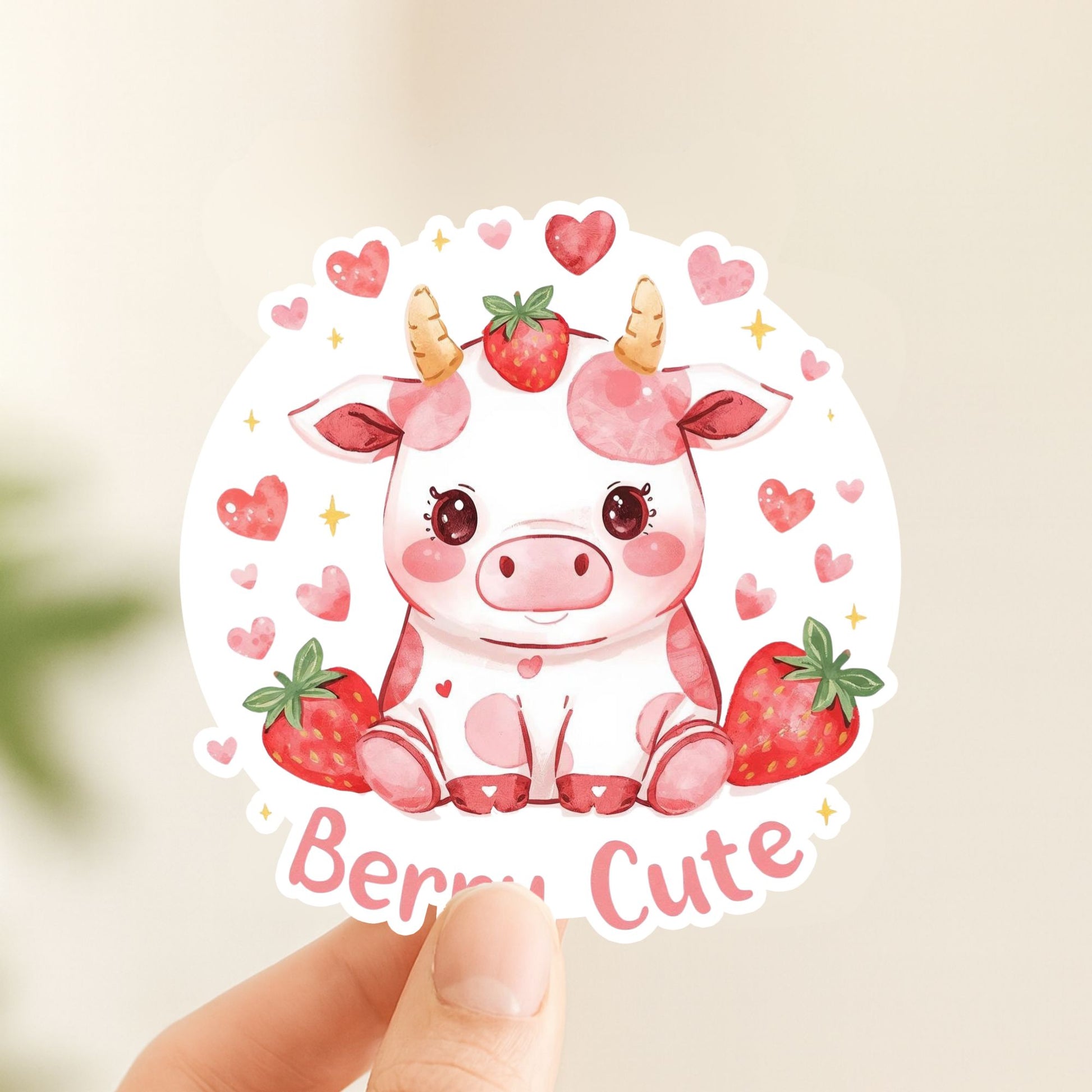 Berry Cute Strawberry Cow | Kawaii Food | White Vinyl | Die-Cut Sticker