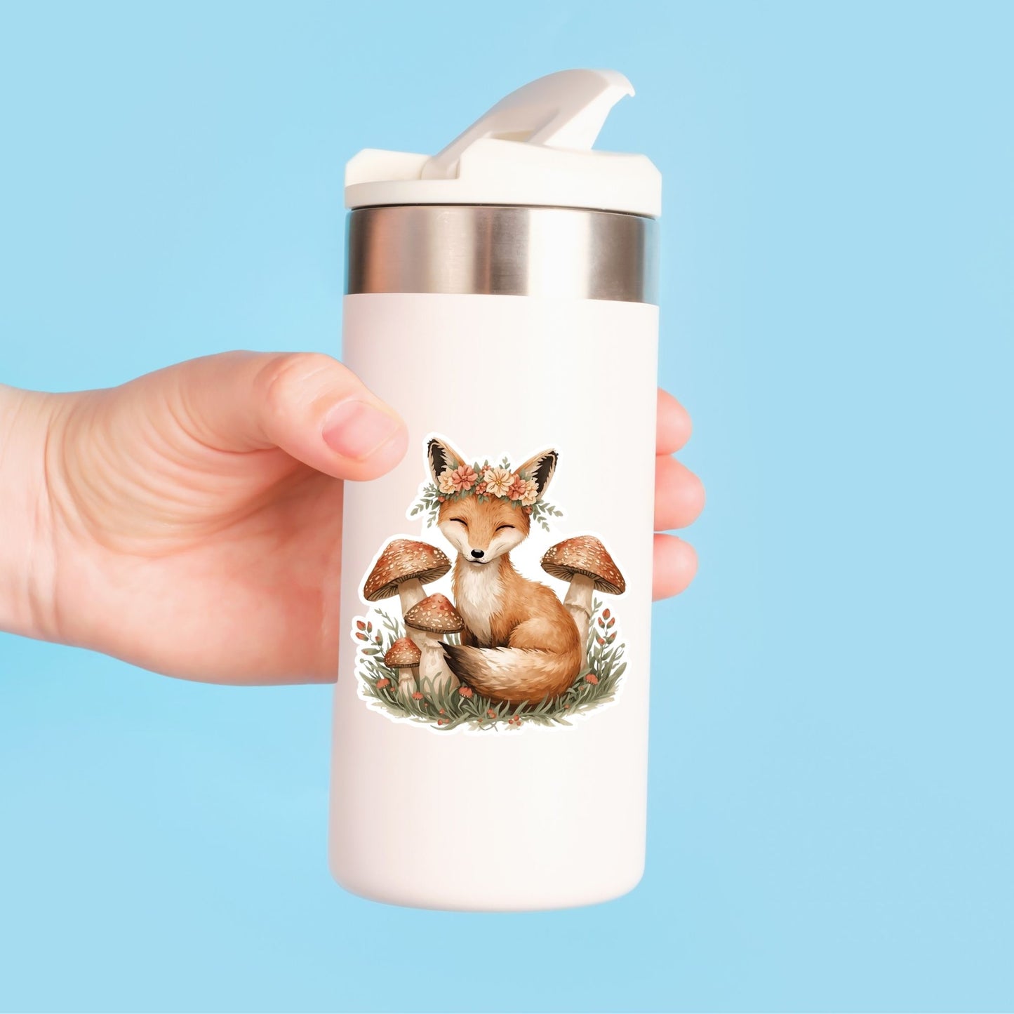 Fox with Flower Crown Woodland | Cottagecore | White Vinyl | Die-Cut Sticker