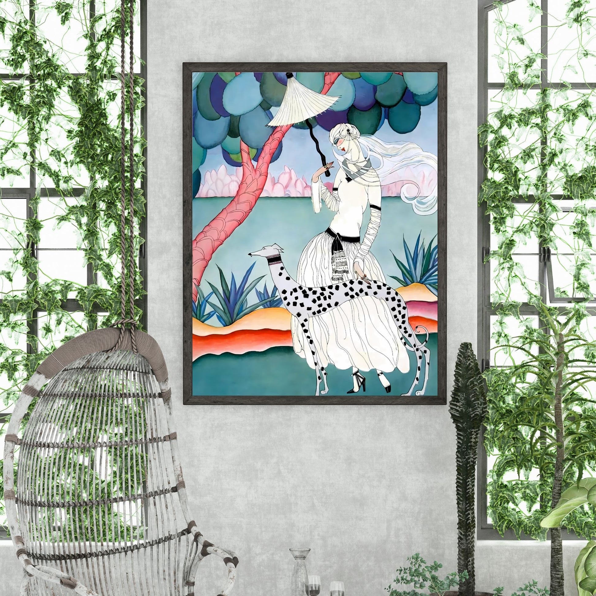 Art Nouveau Lady & Spotted Hound Print | Whimsical Pastel Illustration | Elegant Vintage-Inspired | Digital Wall Artwork