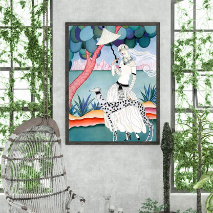 Art Nouveau Lady & Spotted Hound Print | Whimsical Pastel Illustration | Elegant Vintage-Inspired | Digital Wall Artwork