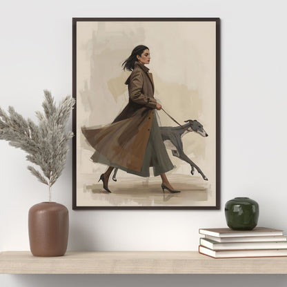 Chic City Stroll Illustration | Woman in Trench Coat with Greyhound | Digital Wall Artwork
