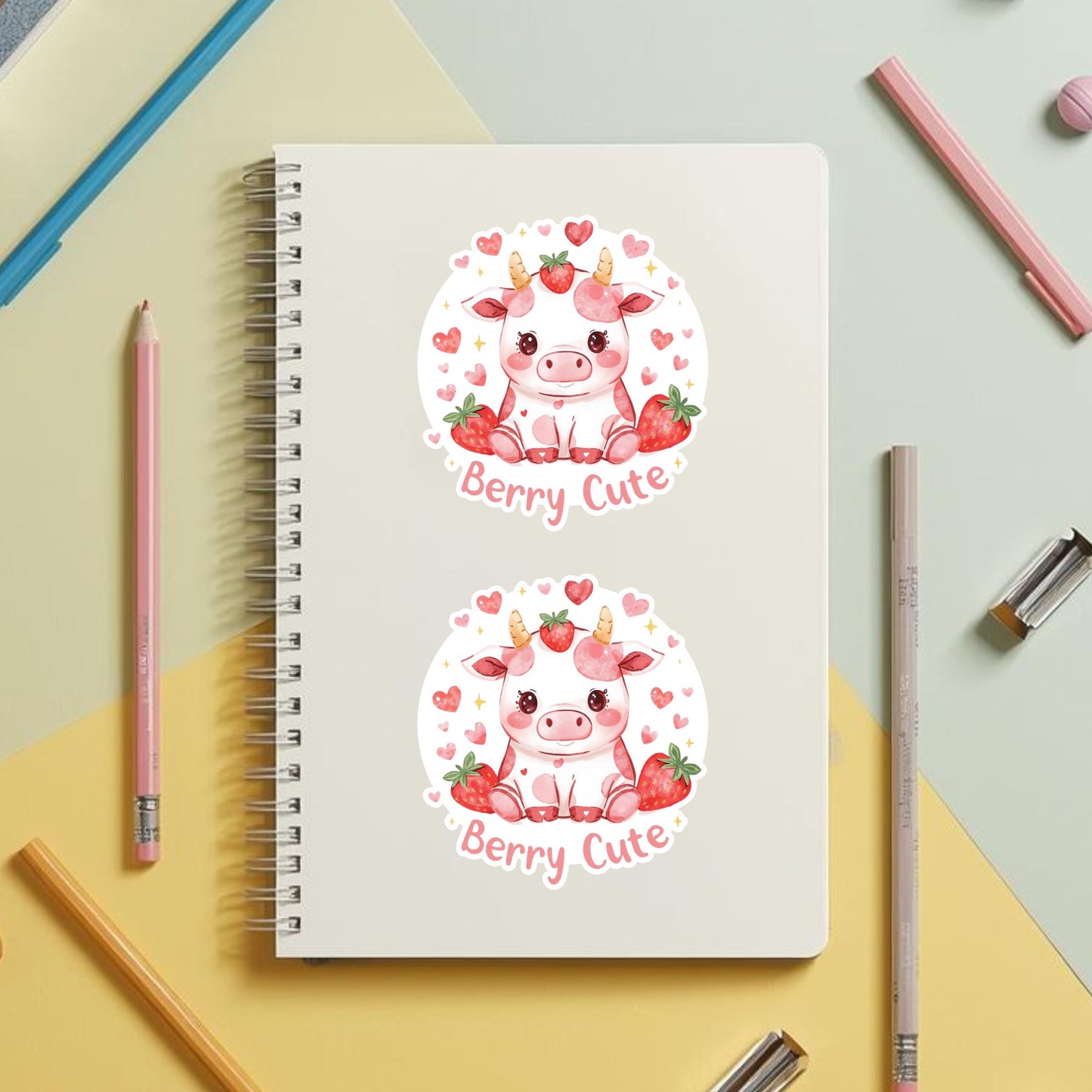 Berry Cute Strawberry Cow | Kawaii Food | White Vinyl | Die-Cut Sticker