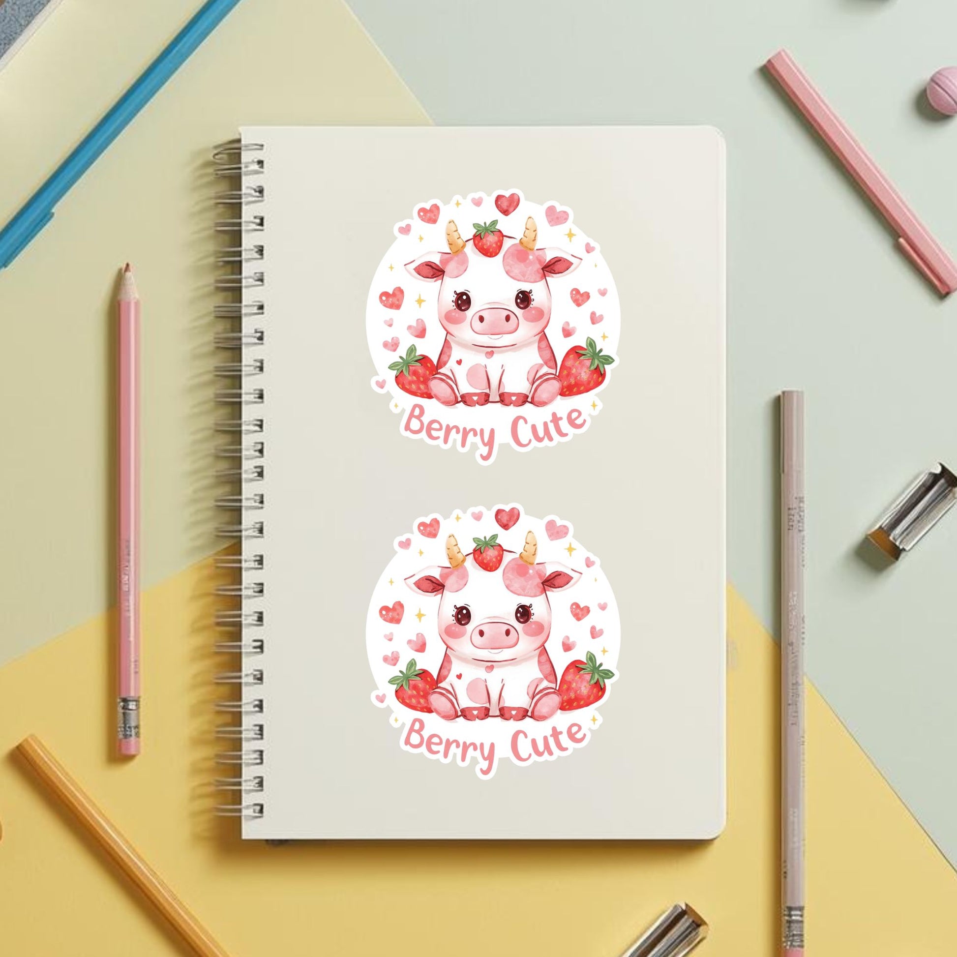 Berry Cute Strawberry Cow | Kawaii Food | White Vinyl | Die-Cut Sticker