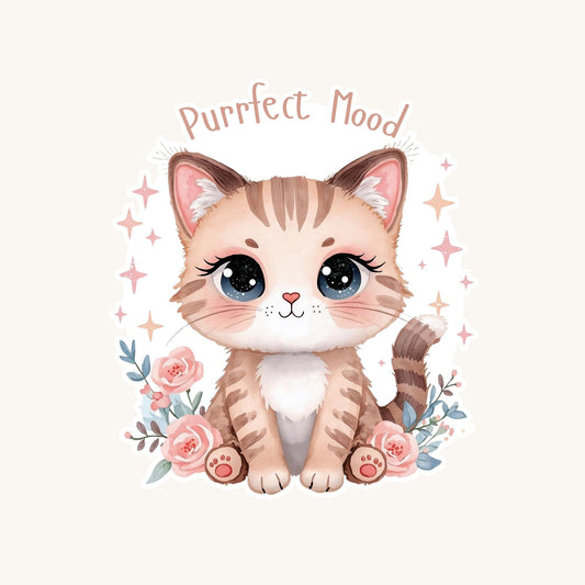 Purrfect Mood Tabby Kitten | Cozy Aesthetic | White Vinyl | Die-Cut Sticker