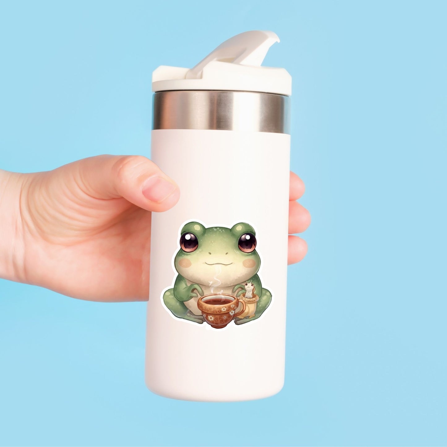 Frog and Slug Tea Time | Cottagecore | White Vinyl | Die-Cut Sticker