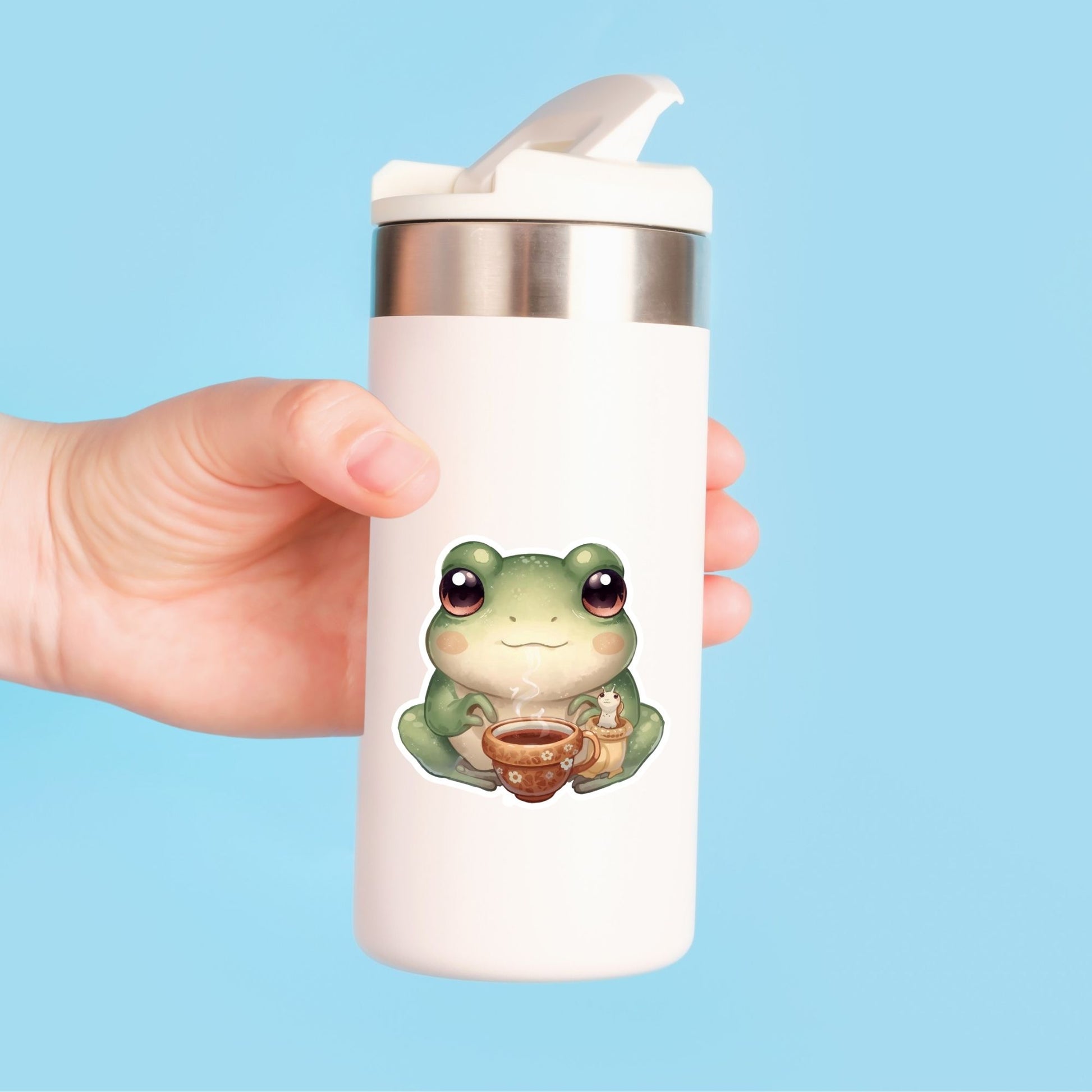 Frog and Slug Tea Time | Cottagecore | White Vinyl | Die-Cut Sticker