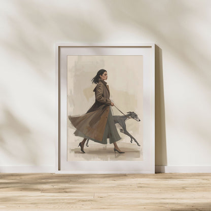 Chic City Stroll Illustration | Woman in Trench Coat with Greyhound | Digital Wall Artwork