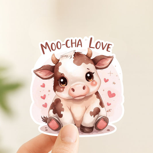Moo-Cha Love Baby Cow | Kawaii Animal | White Vinyl | Die-Cut Sticker