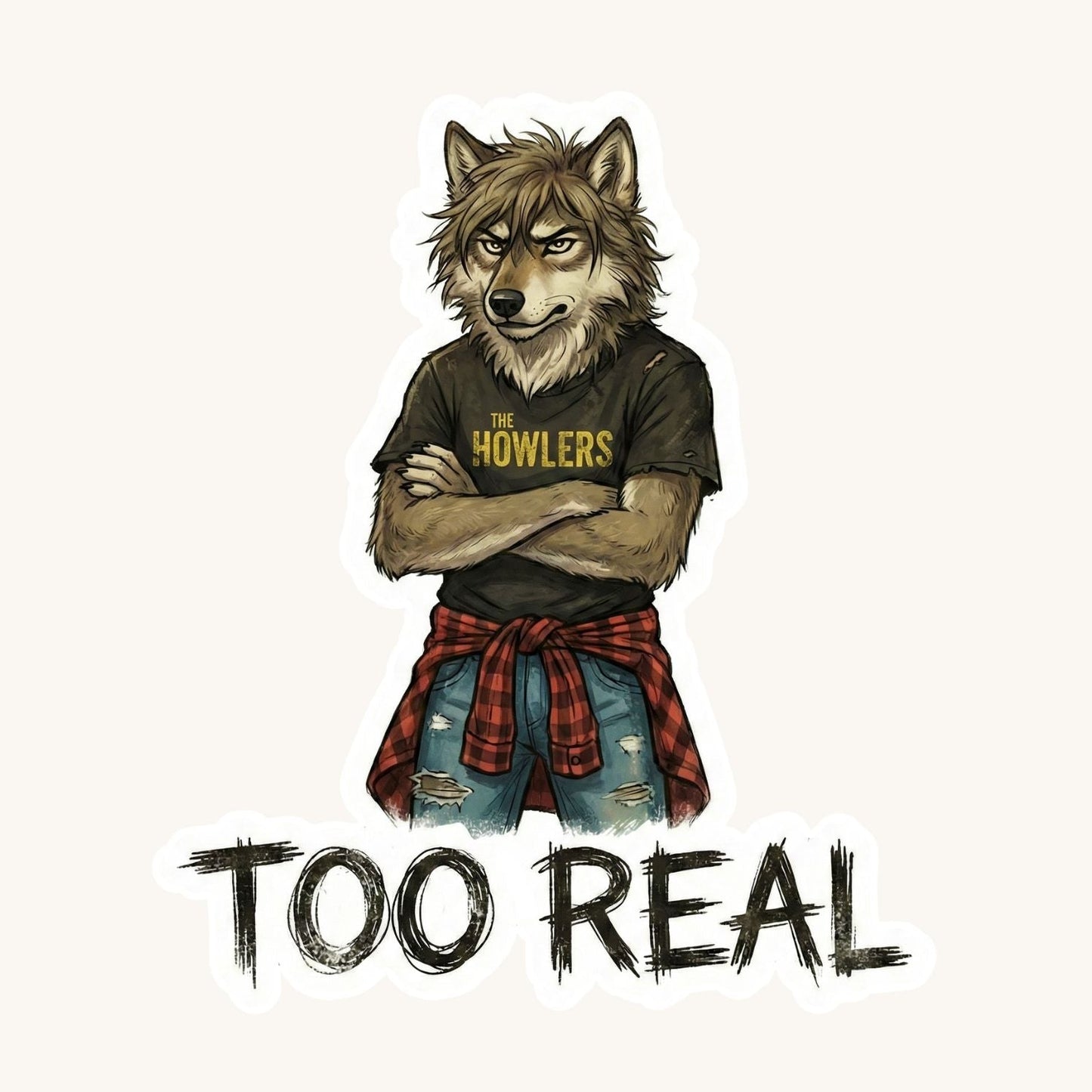 Too Real Grunge Wolf | Edgy Aesthetic | White Vinyl | Die-Cut Sticker