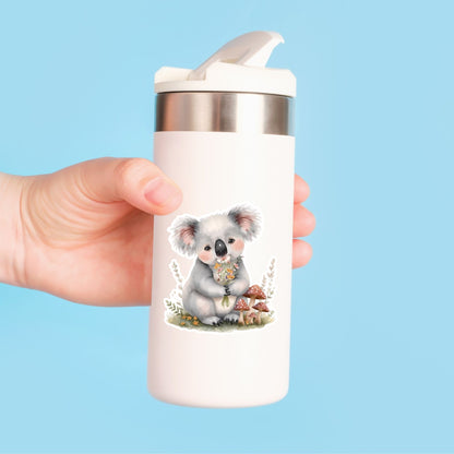 Koala with Flowers Floral Bouquet | Cottagecore | White Vinyl | Die-Cut Sticker